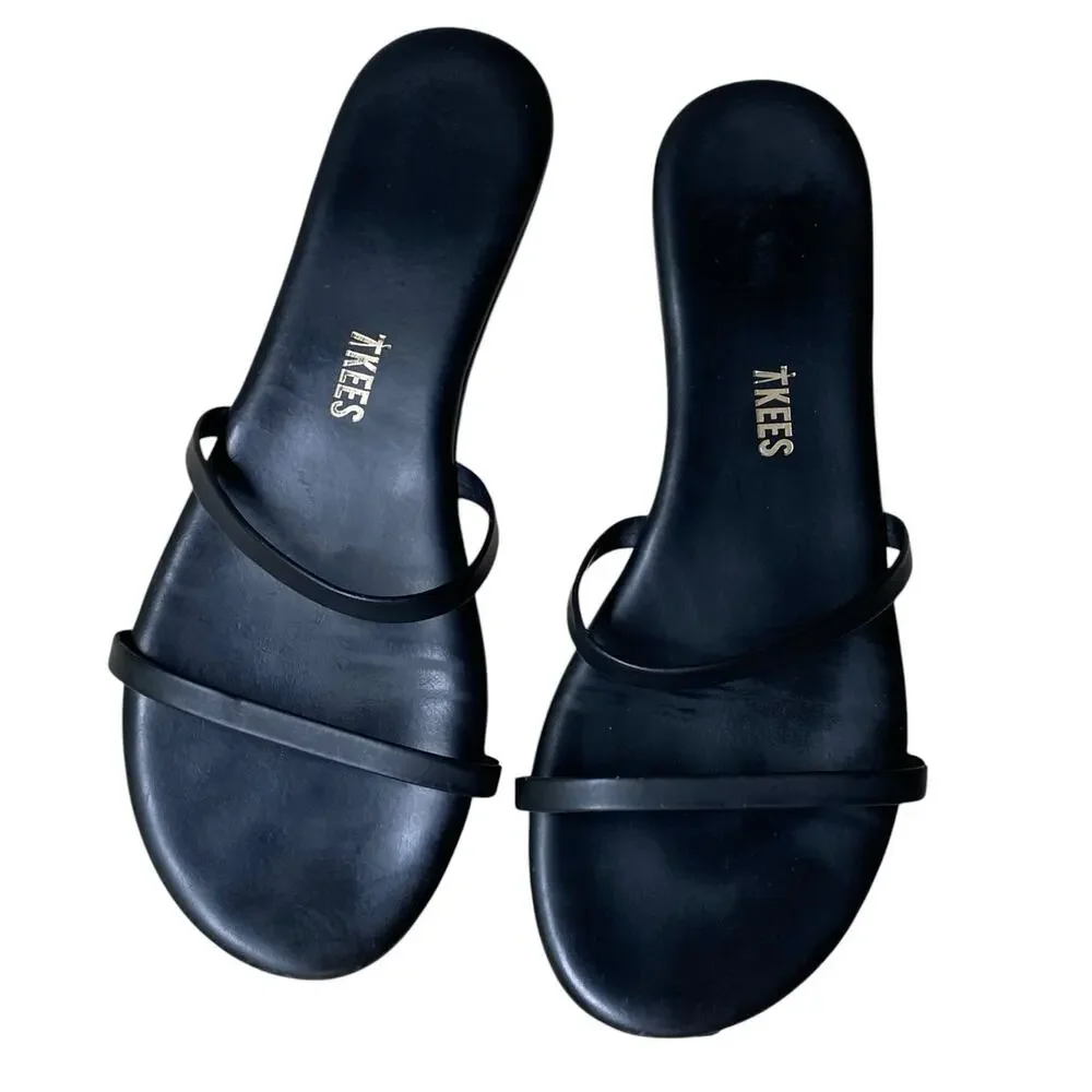 Tkees Gemma Leather Sandals US 8 Black Two Strap Slides Minimalist Neutral - Picture 13 of 14